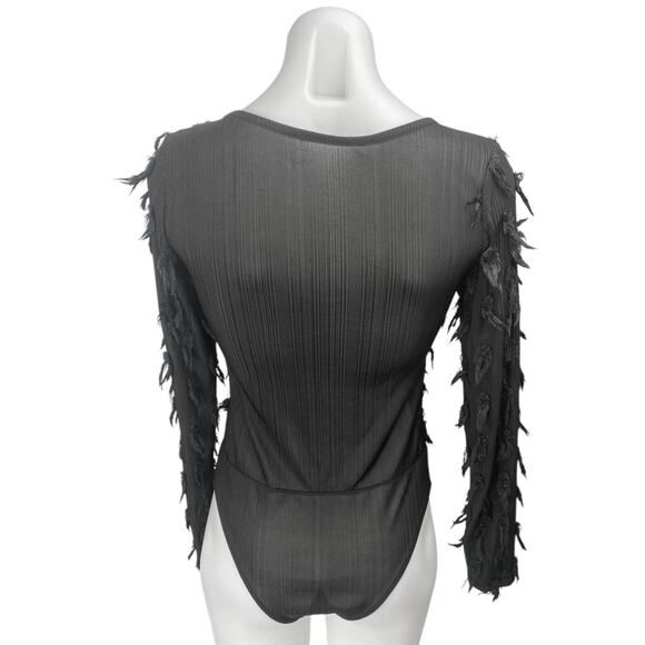 Women's Black Fringe Long Sleeve Sheer Scoop Neck Slim Fit Bodysuit Top Size S - Picture 2 of 2